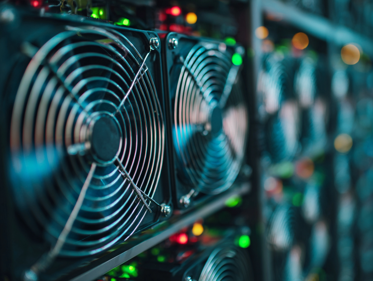 Close-up of multiple cooling fans spinning inside a server rack